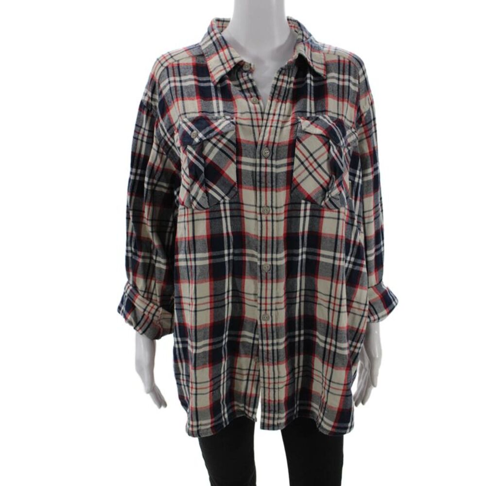 Sojara Womens Plaid 90s Collared Button-Up Beige Cotton Long Sleeve Size S